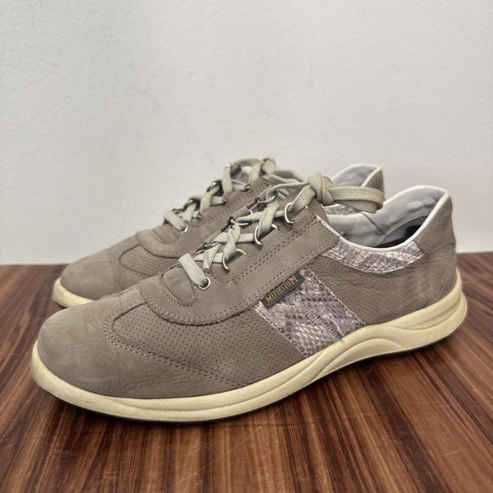 Mephisto Size 7.5 Runoff Taupe & Snakeskin Laser Perforated Running Sneakers